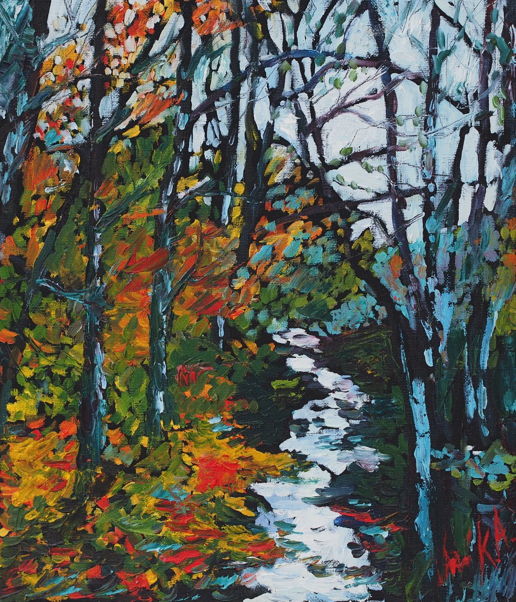 Impressionistic Landscape Oil Painting By Alfia Koral, 12 X 14, Little River In The Autumn, Original Artwork
