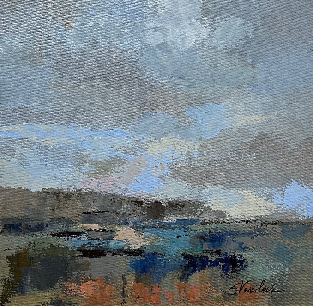 Impressionistic Landscape Acrylic Painting By Silvia Vassileva, 15 X 15", River And Sky Ii, Original Artwork
