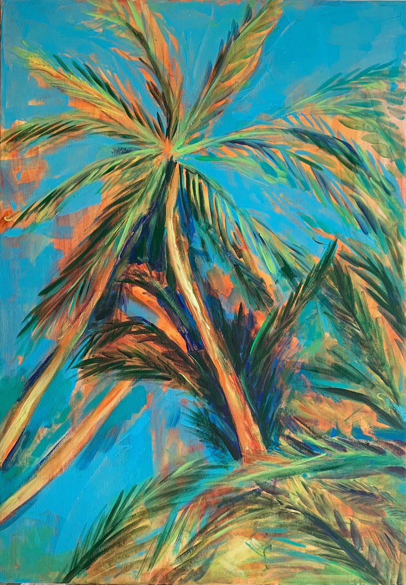 Impressionistic Landscape Acrylic Painting By Olga Pascari, 28 X 39", Palm Tree, Original Artwork