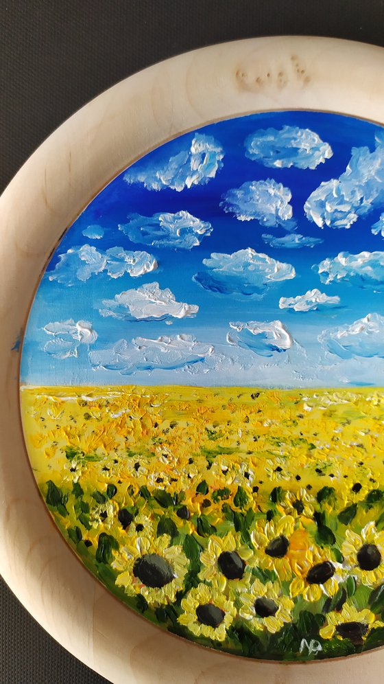 Peace, original impressionistic landscape sky field with sunflowers, oil on wooden plate