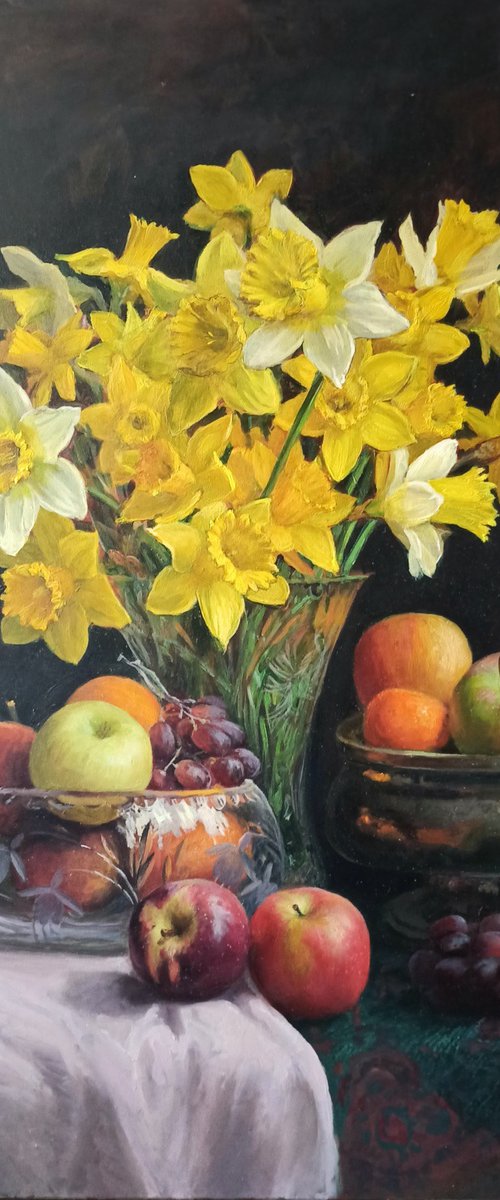 Fruits and daffodils by Yuliana Sotirova