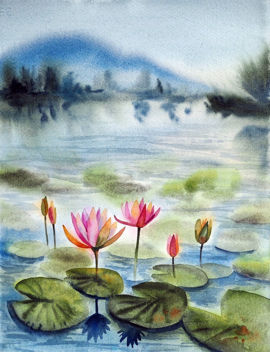 Impressionistic Watercolour , Misty Lotus Pond By Delnara El, 11 X 15, Artwork For Sale On Artfinder