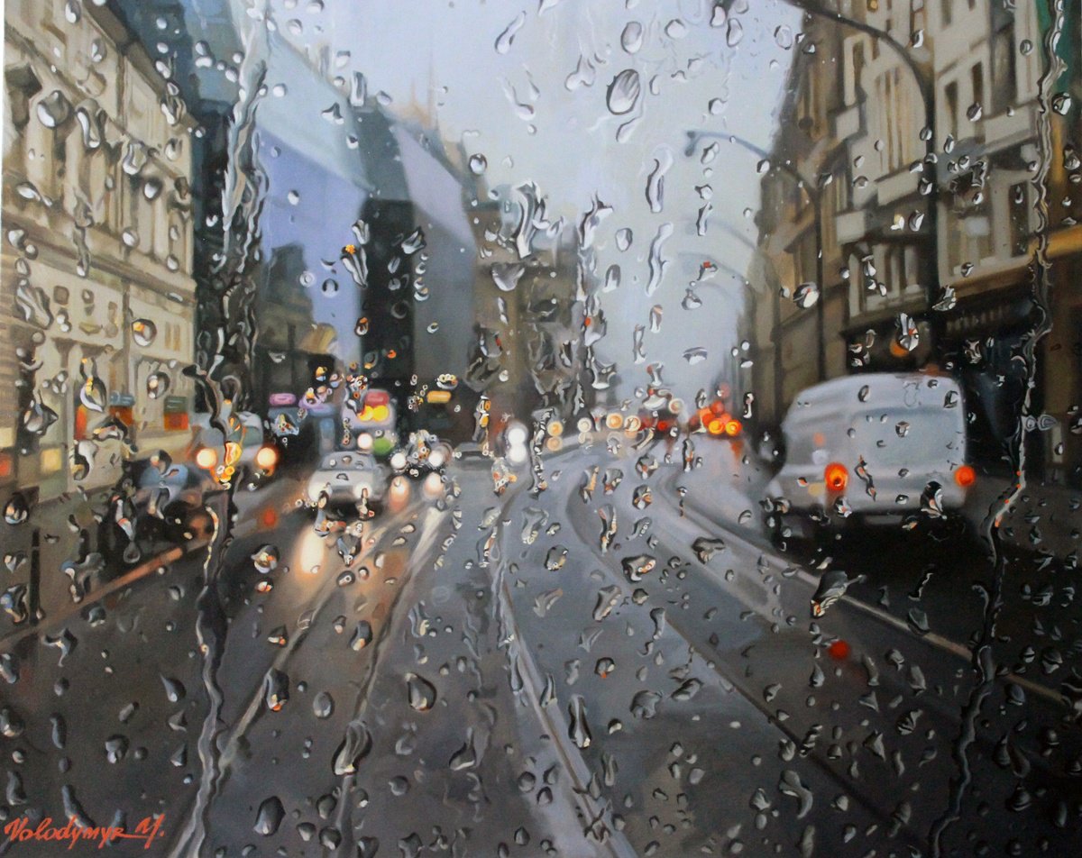 Photorealistic Cityscapes Oil Painting By Volodymyr Melnychuk, 39 X 31", Rain In The City-2, Original Artwork