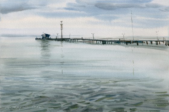 Sea and pier. Watercolour by Marina Trushnikova. Seascape with calm water