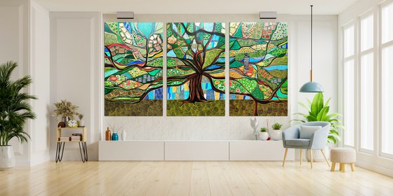 Huge green abstract painting Tree of life. Large abstract wall art