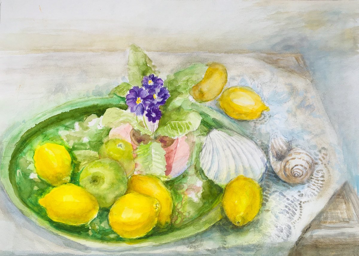 Impressionistic Still Life Watercolour By Patricia Clements, 21 X 15", Lemons And Sea Shells, Original Artwork