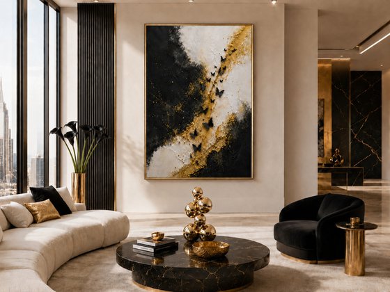 3D Black Butterflies over Abstract Gold