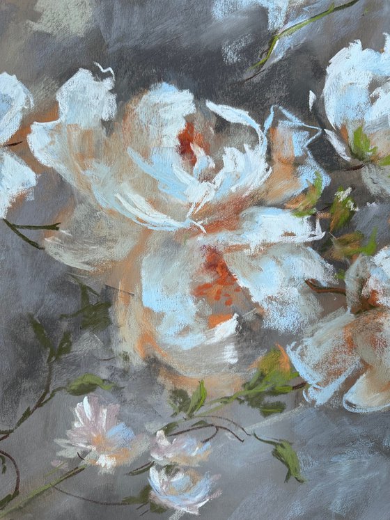 White peonies  and thunder sky