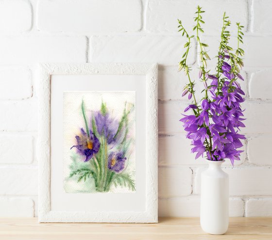 Original watercolor violet flowers bouquet
