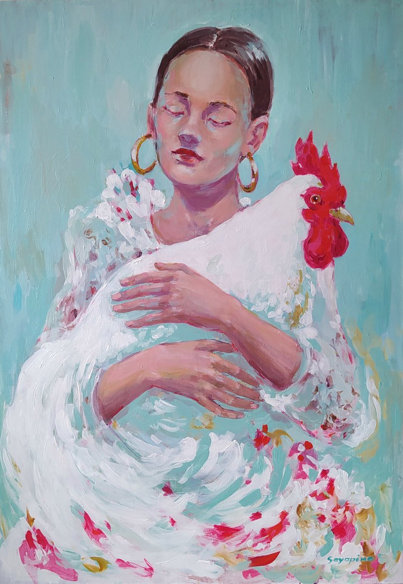 Carring a white rooster by Elena Sayapina