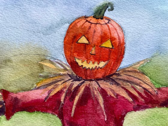 Halloween Watercolor Painting Original, Scarecrow Artwork, Spooky Season Wall Art