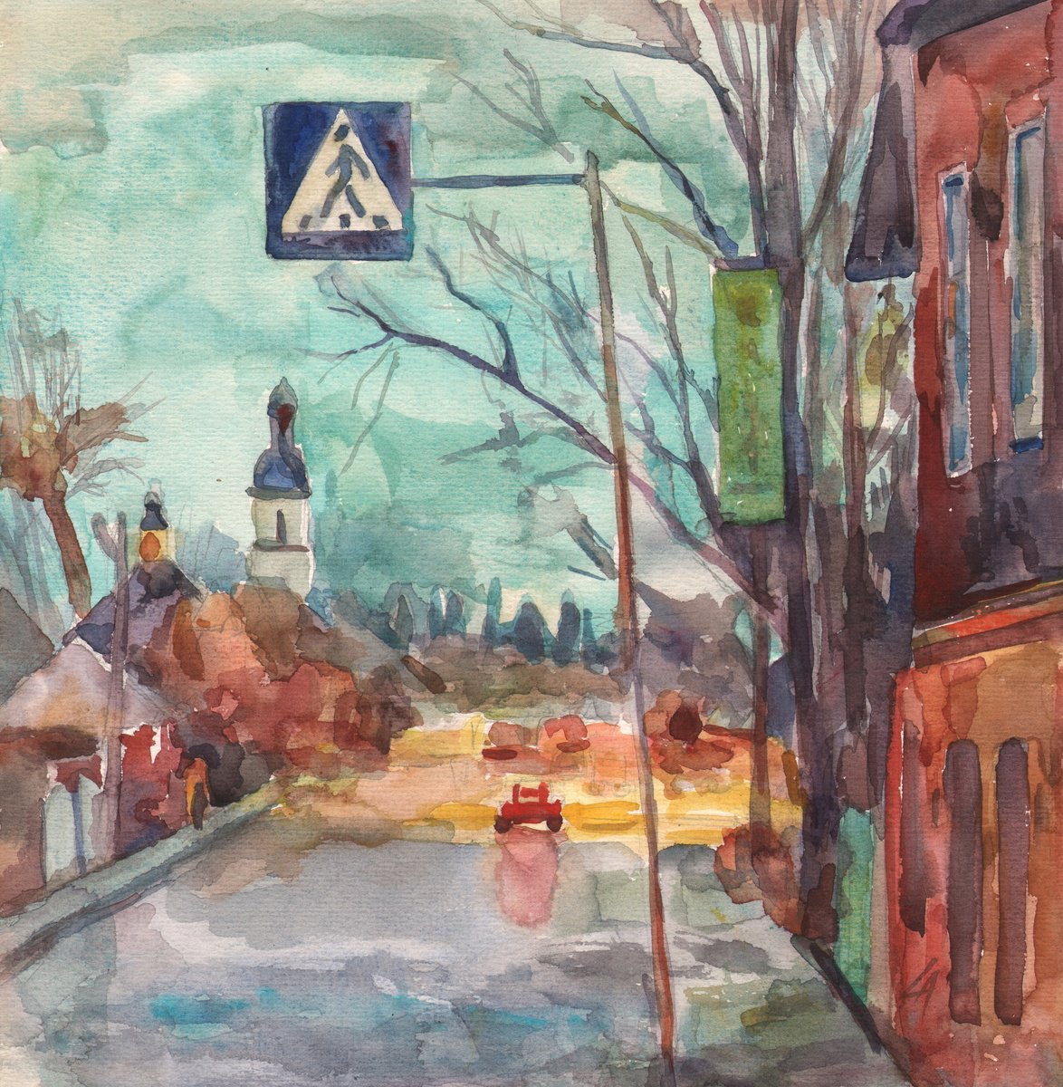 Impressionistic Cityscapes Watercolour By Elena Lykhodid, 12 X 12, Evening. Crosswalk., Original Artwork