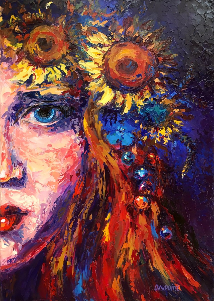 Impressionistic Portrait Oil Painting By Oxypoint, 20 X 28", "Girl With Sunflowers", Original Artwork
