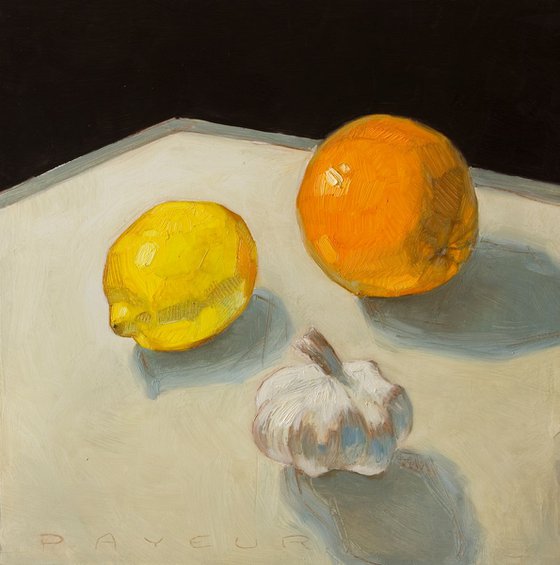 large modern still life of yellow lemons, orange and unexpected garlic