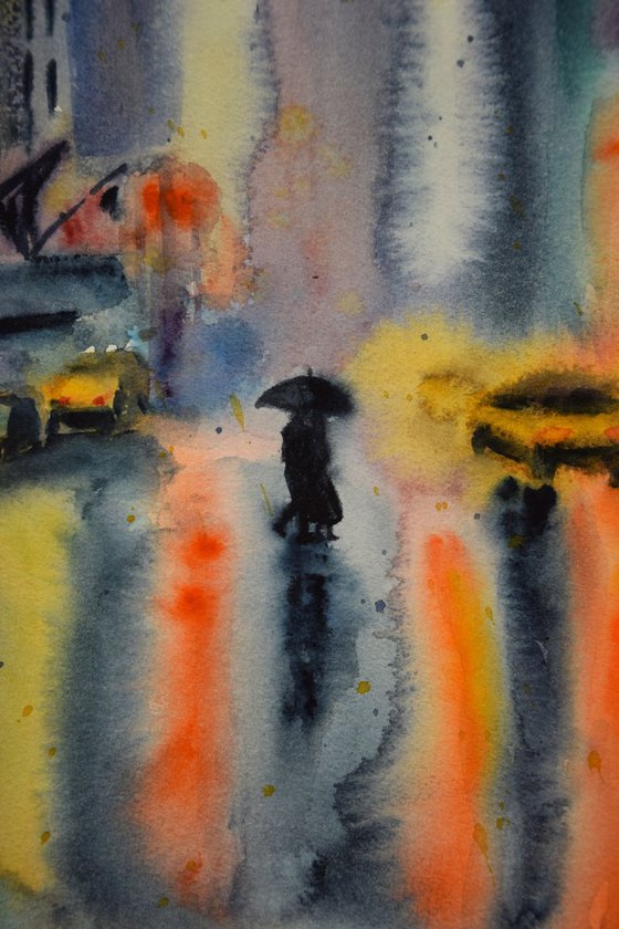 Rainy night New York original watercolor painting, abstract cityscape