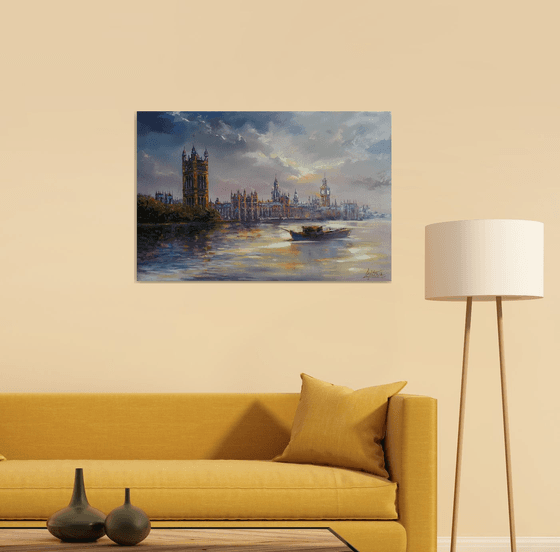 London Evening -  Thames, Palace of Westminster, large original oil painting