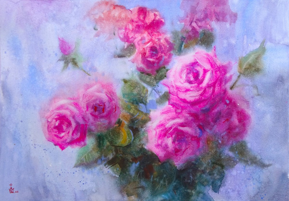 Impressionistic Botanical Watercolour By Maksym Kisilov, 23 X 16", "Roses", Original Artwork