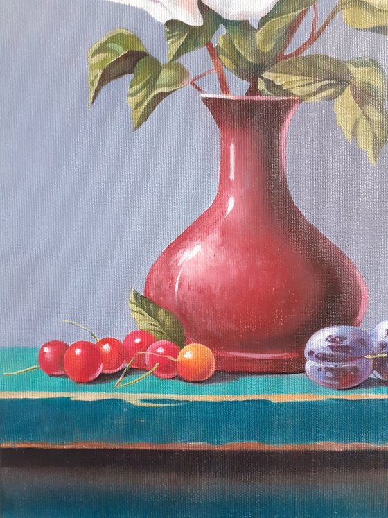 Still life with roses(25x45cm, oil painting, ready to hang)