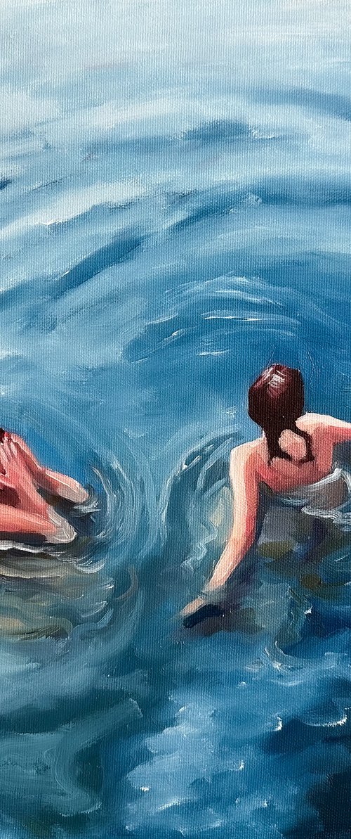 Swimming with my Friend - Swimmer Woman in Ocean Painting by Daria Gerasimova