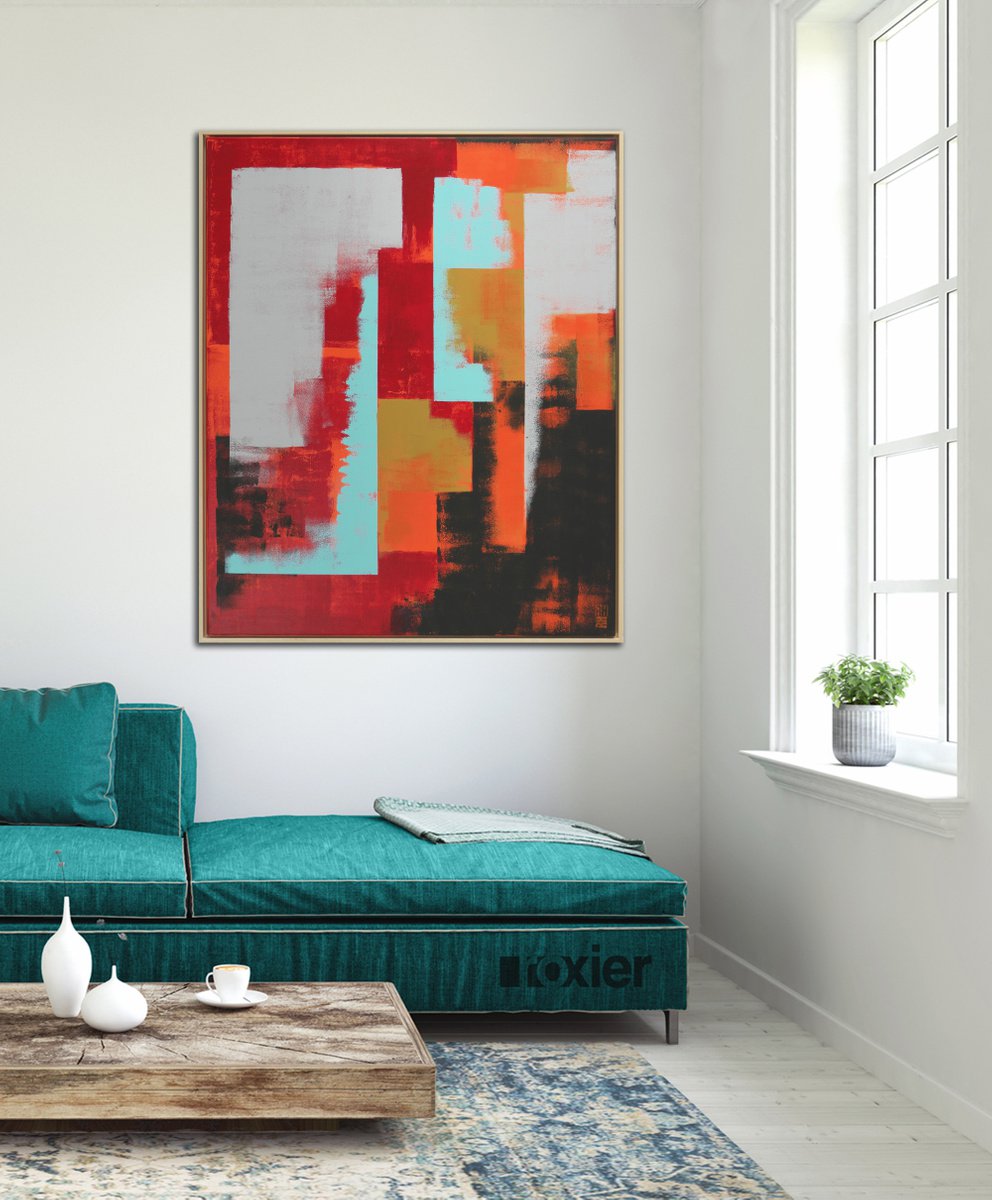 Vertical Abstract Painting - Incl Frame - Untitled in Orange & Red - 95x115cm - Ronald Hun... by Ronald Hunter