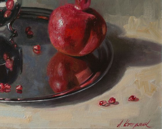 "Reflections" still life pomegranate metal silver white liGHt original painting  GIFT (2019)