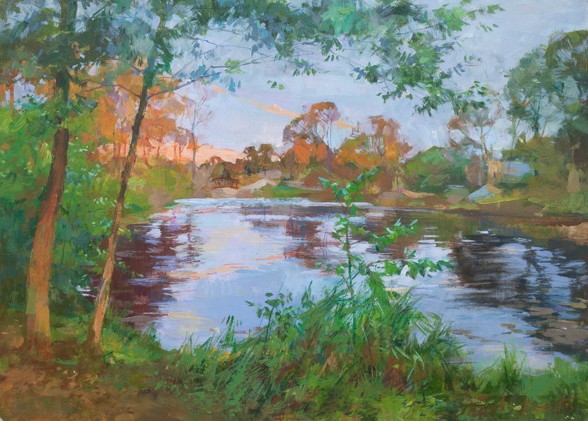Impressionistic Landscape Acrylic Painting By Aleksandr Korol, 27 X 19, The Lake In O?hle, Original Artwork
