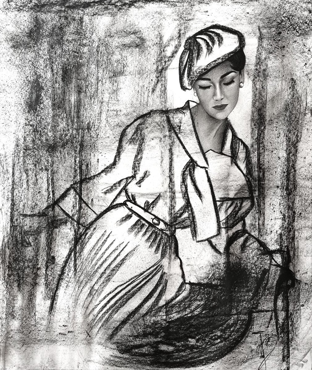 Abstract Portrait Charcoal Drawing By Mariam Darchiashvili, 20 X 24", White Dress #2, Original Artwork