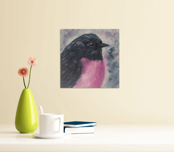 Pink Robin, original bird painting, small art, Gift, art for home