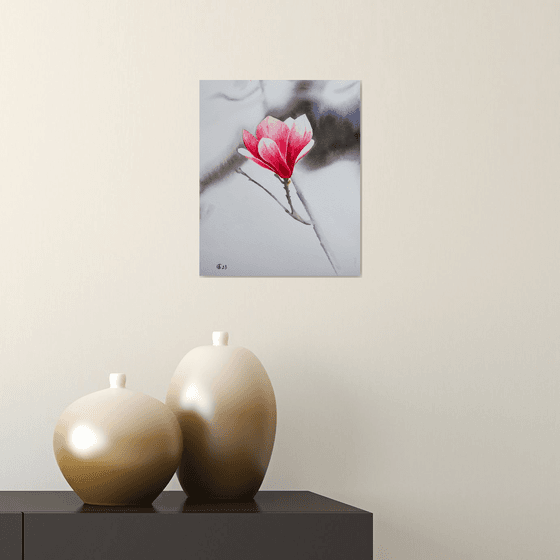 Magnolia in bloom 1. Simple and minimalistic small size floral painting