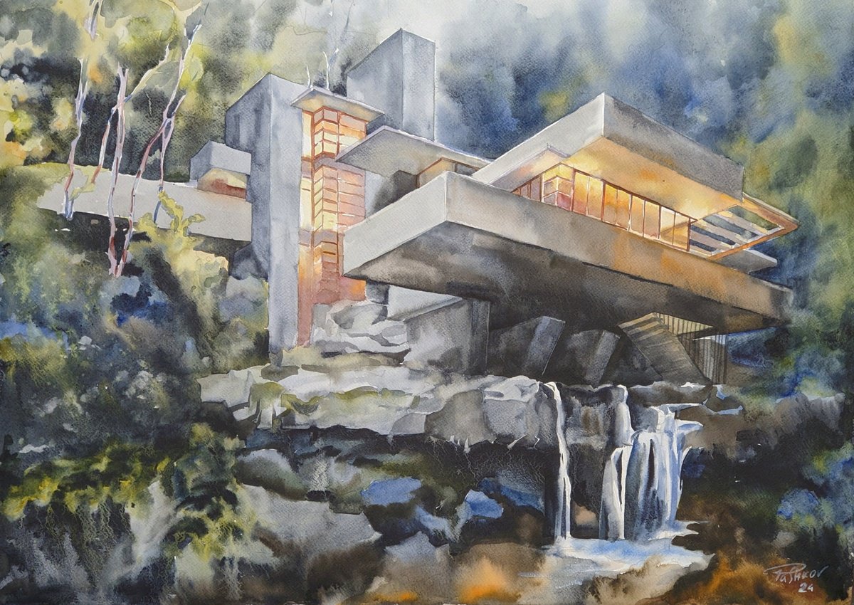 Impressionistic Cityscapes Watercolour By Yurii Pashkov, 30 X 22", Frank Lloyd Wright. Fallingwater#2, Original Artwork