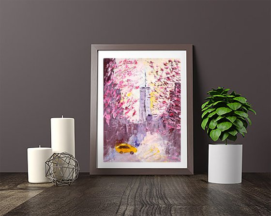 New York Painting Cityscape Original Art Yellow Taxi Oil Impasto Artwork Flowering Sakura Small Home Wall Art