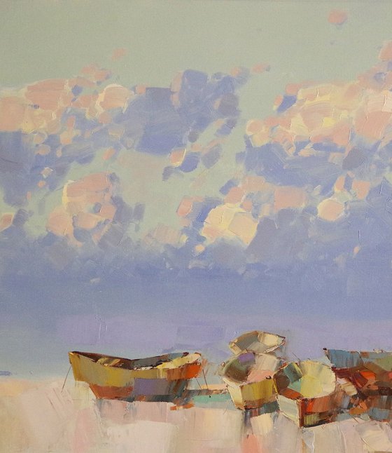 Rowboats, Seascape Original oil painting, Handmade artwork, One of a kind