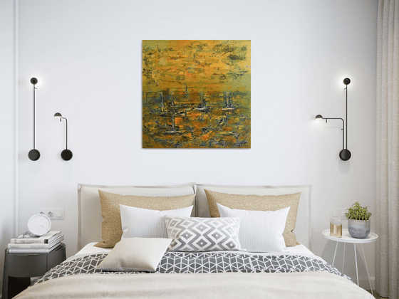 Gold above the port. Impressionistic palette knife seascape.