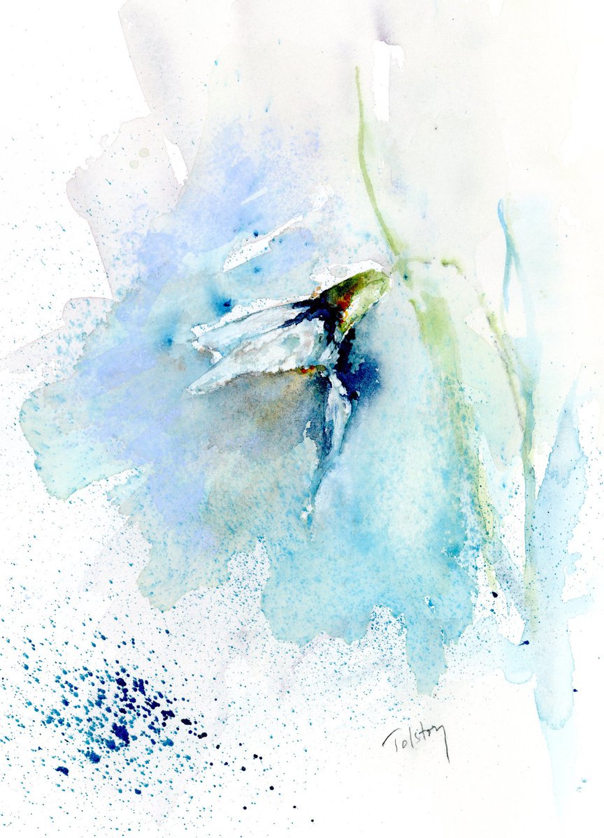 Impressionistic Botanical Watercolour By Alex Tolstoy, 10 X 14, Snowdrop In Blue, Original Artwork