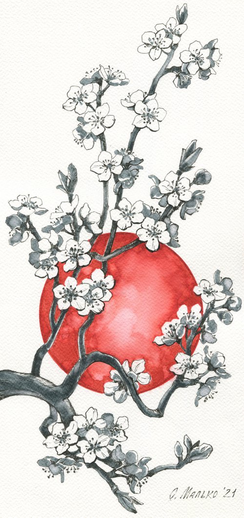 Sakura on the background of the Rising Sun / Original artworks. Japanese style home decor. Floral picture. Cherry blossom drawing. Spring flower by Olha Malko
