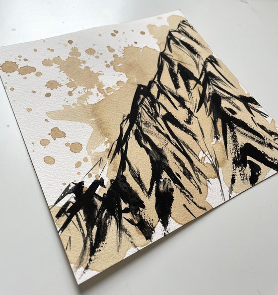 Mountain Original Painting, Coffee and Ink Artwork, Landscape Mixed Media Art, Slovakia Wall Art