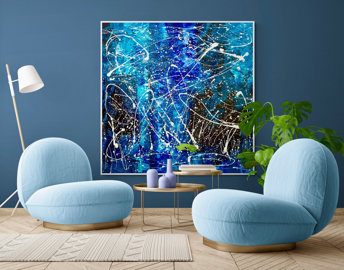 Organic Abstract Acrylic Painting By Anita Kaufmann, 55 X 55, Blue Boundless Sky 3324, Original Artwork