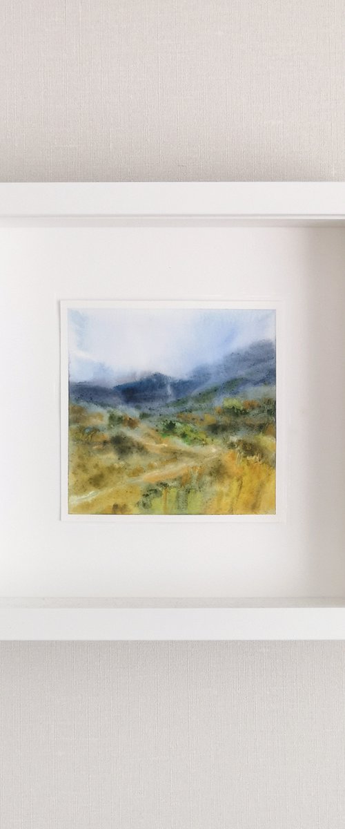 Mountain landscape, small watercolor painting by Olga Grigo