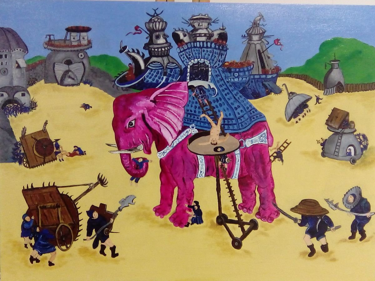 Naive Animal Oil Painting By Corinne Hamer, 32 X 24, The Siege Of The Elephant, Original Artwork