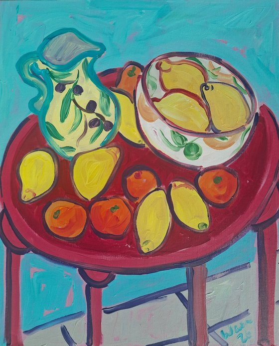 Still Life with Citrus and Red Table II