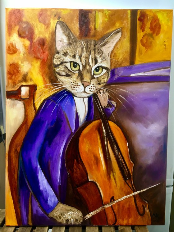 Cat Cellist inspired by Amedeo Modigliani.FELINE ART FOR CAT LOVERS GIFT IDEA