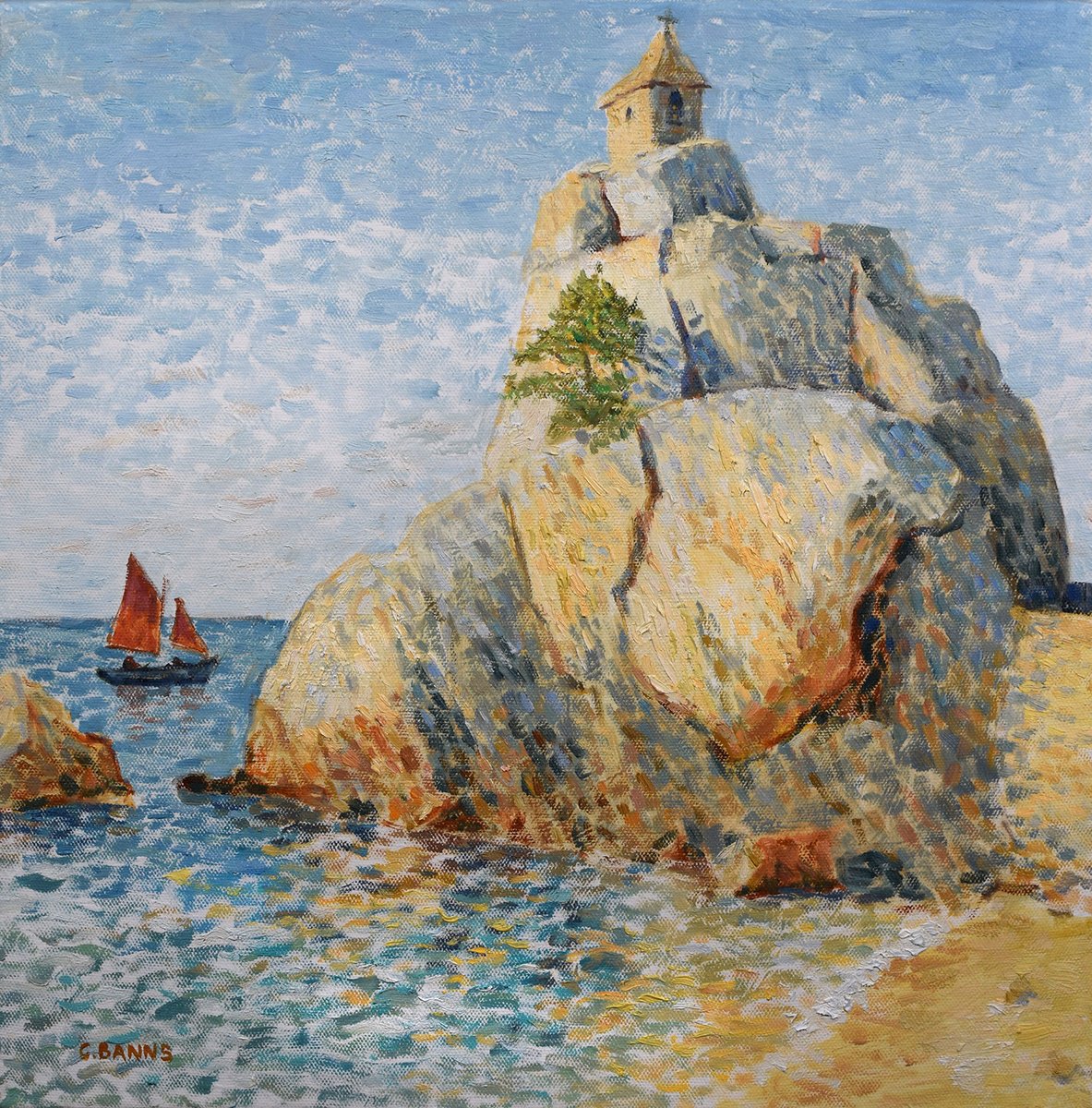 Impressionistic Landscape Oil Painting By Gav Banns, 16 X 16, Chapel On The Rocks Brittany, Original Artwork