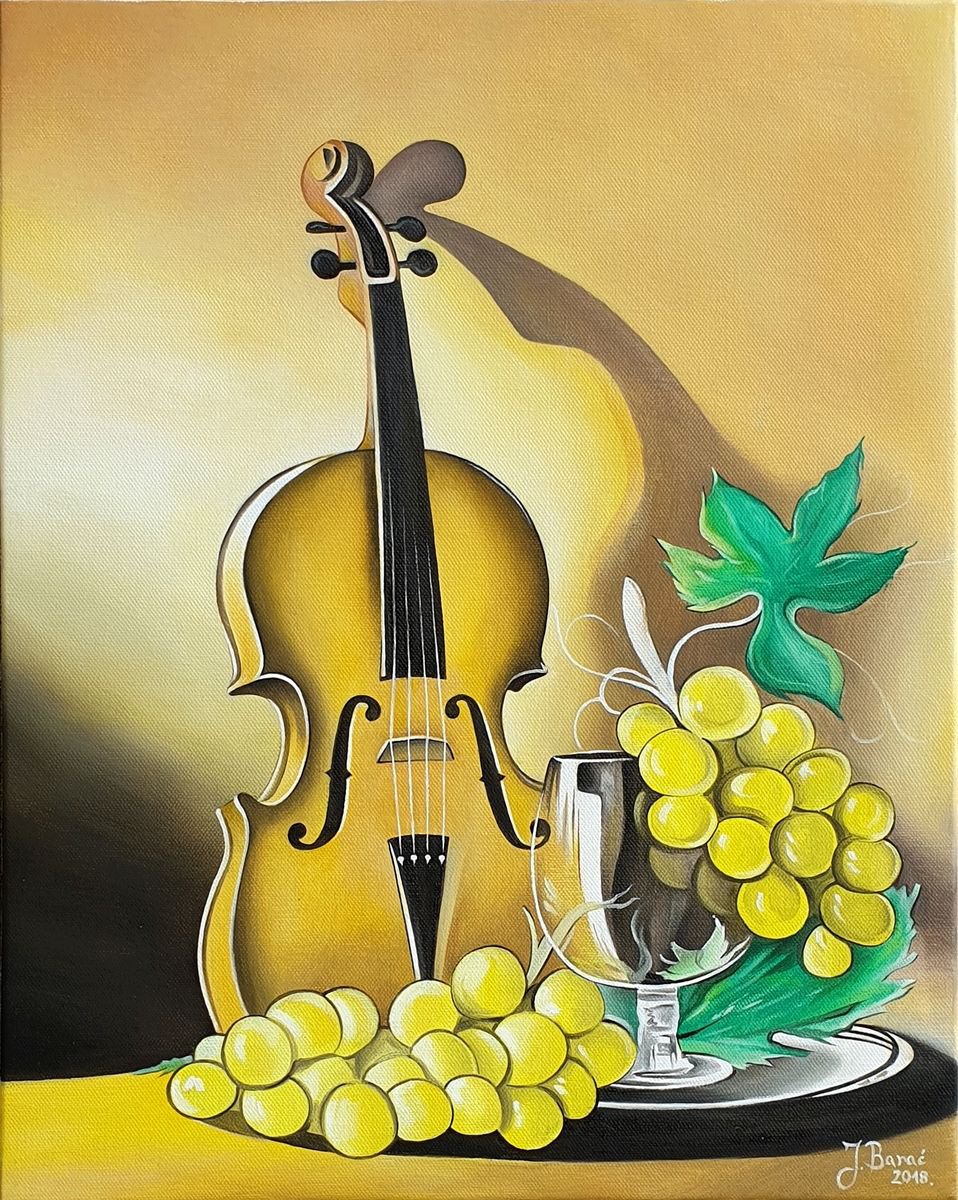 STILL LIFE WITH VIOLIN AND GRAPES, ORIGINAL OIL ON CANVAS PAINTING by Josip Barac