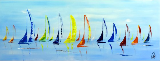 Around the World  acrylic abstract painting sailboat painting, stretched canvas wall art