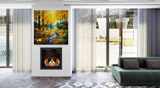 Warm green gold forest and calm river with light reflections and bright sunbeams in Klimt style. Hanging large positive relax colorful wall art for home decor