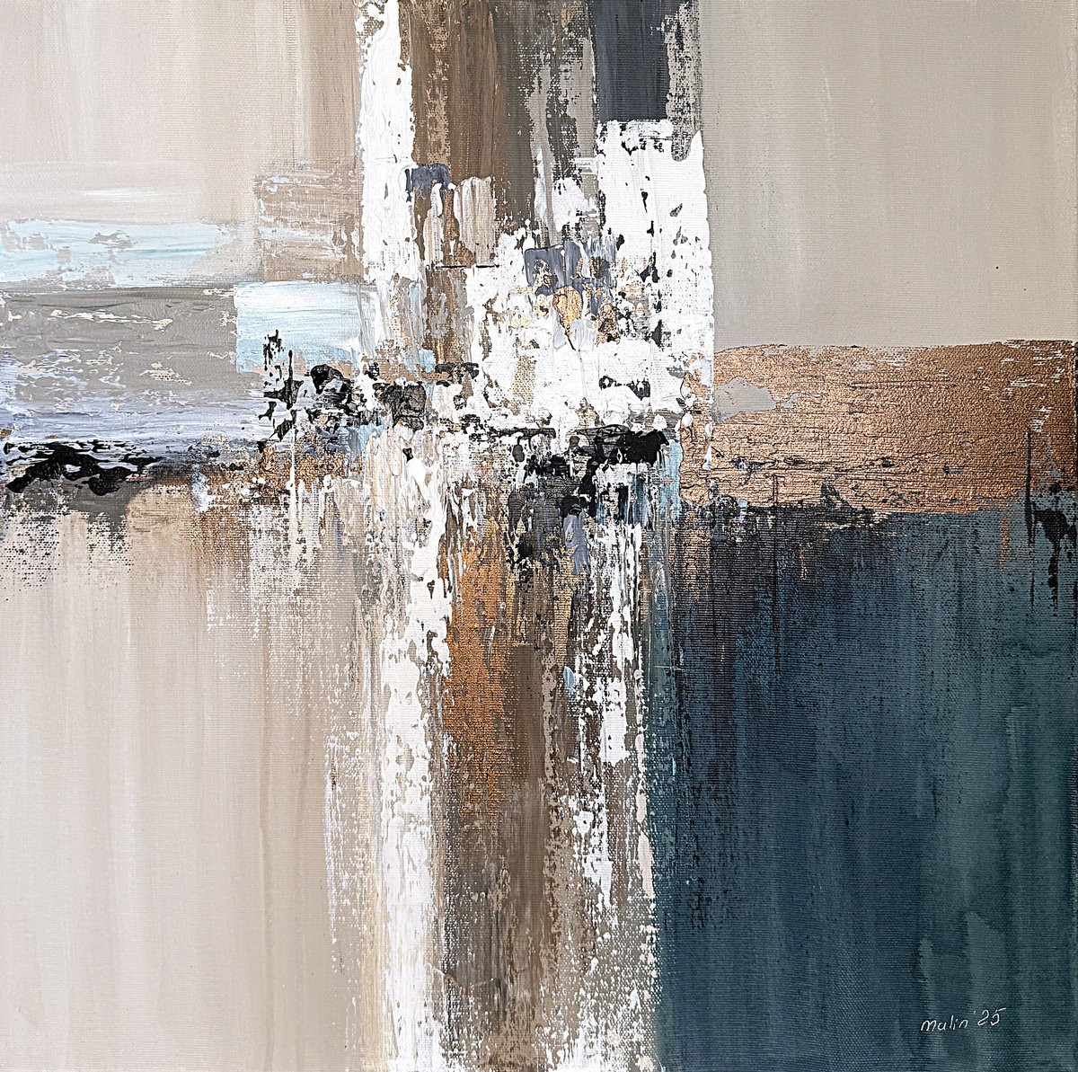 Geometric Abstract Acrylic Painting By Tatiana Malinovscaia, 20 X 20", Taupe And Deep Teal Convergence, Original Artwork