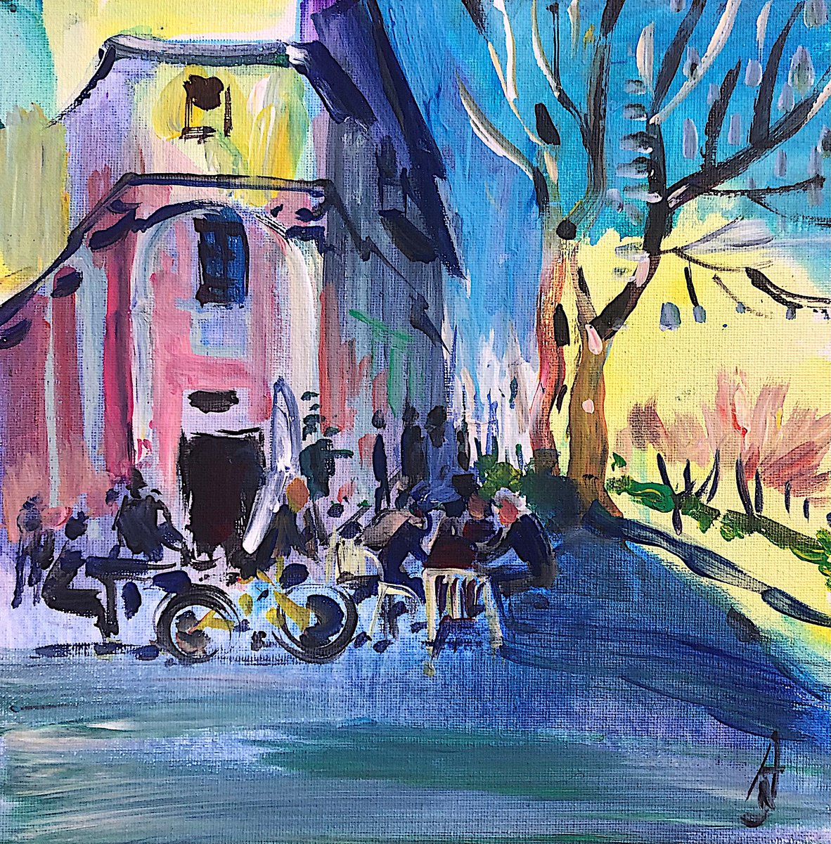 Impressionistic Cityscapes Acrylic Painting By Sona Adalyan, 10 X 10", Spring Cafe, Original Artwork