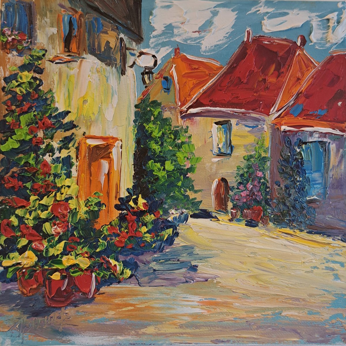 Impressionistic Cityscapes Oil Painting By Oksana Fedorova, 8 X 8", Old City Flowers, Original Artwork