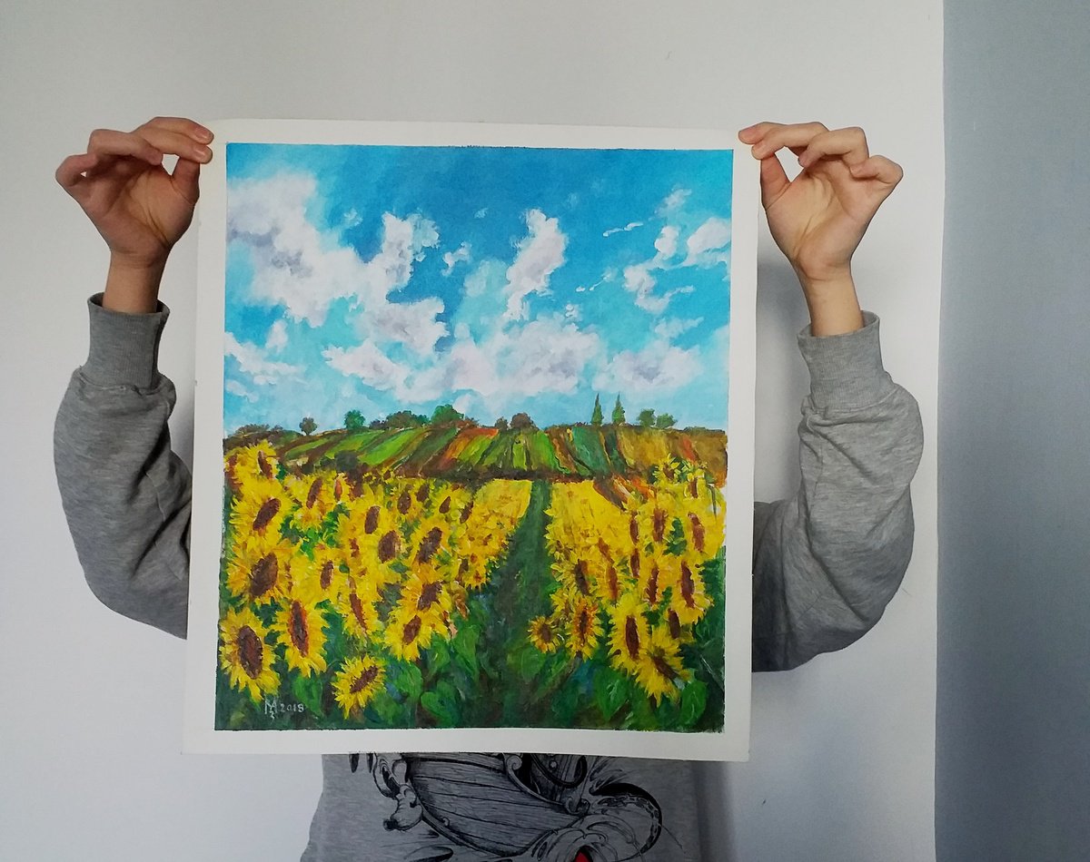 Impressionistic Landscape Acrylic Painting By Zoran Mihajlovic Muza, 15 X 17", Sunflower Fild, Original Artwork