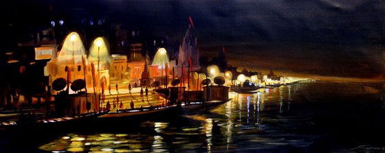 Night Varanasi Ghat - Acrylic on Canvas